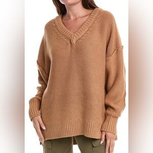 Free People Alli V-Neck Sweater, Camel, sz S